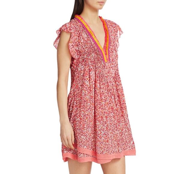 POUPETTE ST BARTH Sasha Floral Mini Dress Cover-Up Lace Fringe Pink Glory XS - Picture 2 of 11
